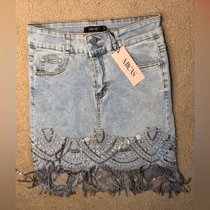 Micas Light Blue Denim Skirt with Beaded Fringe L